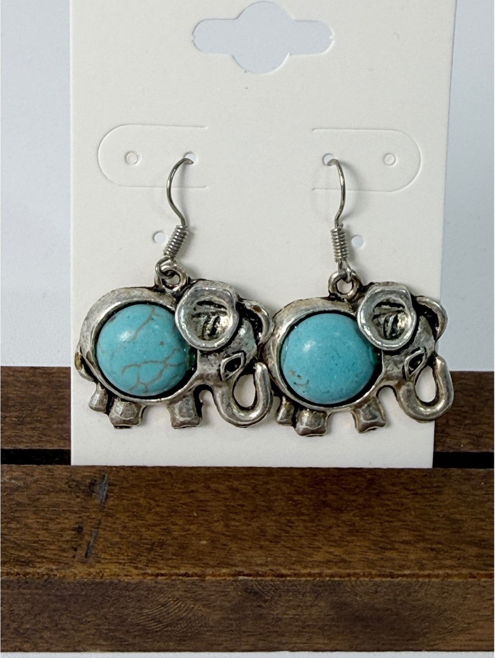 Silver-Tone Elephant Drop Earrings with Faux Turquoise Stone